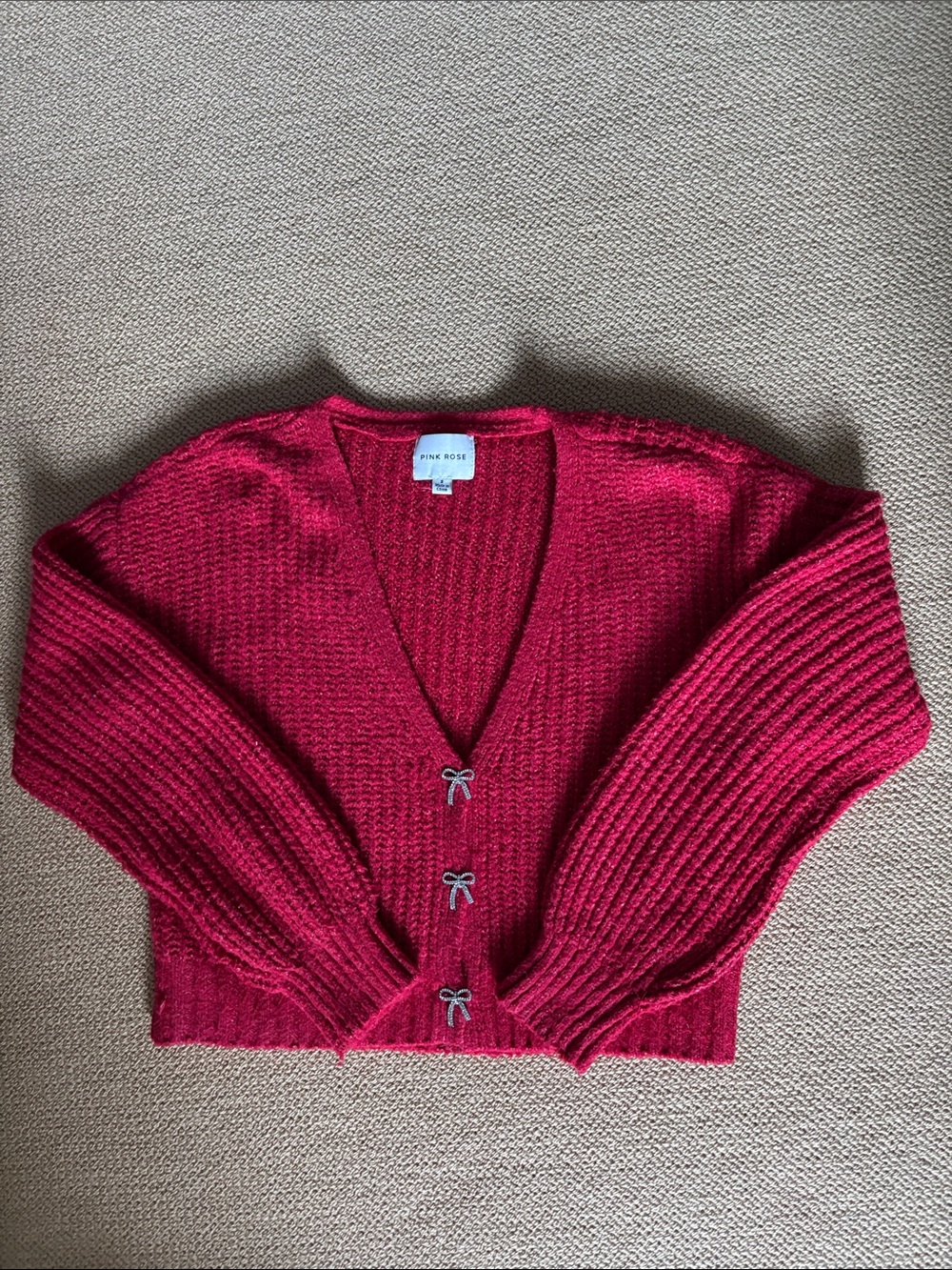 Pink Rose Raspberry Red V-Neck Bow Button Knit Cardigan